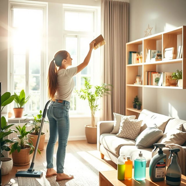 A woman diligently cleaning a bright and cozy living room, showcasing her focused expression as she dusts a shelf filled with books and decorative items