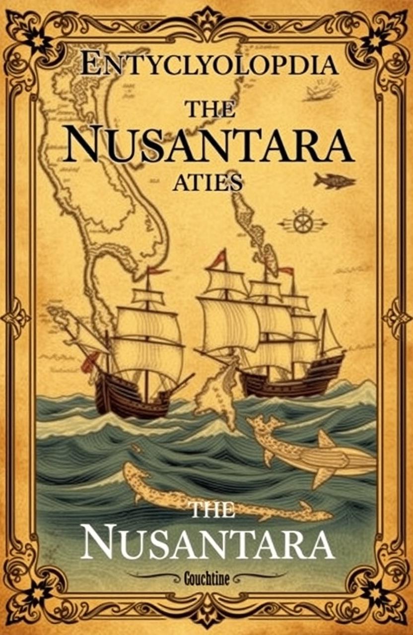 A vintage-themed encyclopedia cover on the maritime history of the Nusantara, featuring an old-world map of Southeast Asia with intricate details