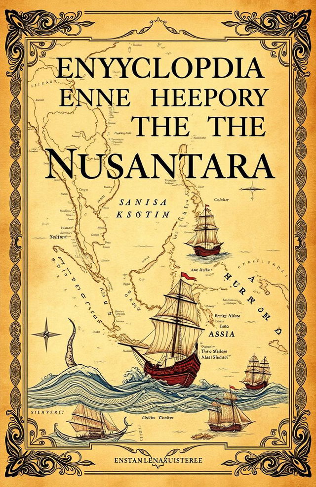 A vintage-themed encyclopedia cover on the maritime history of the Nusantara, featuring an old-world map of Southeast Asia with intricate details