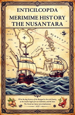 A vintage-themed encyclopedia cover on the maritime history of the Nusantara, featuring an old-world map of Southeast Asia with intricate details