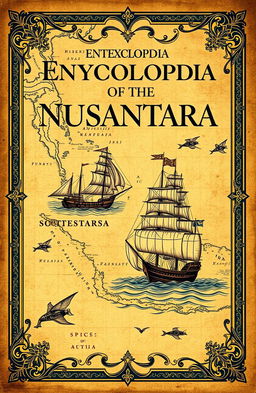 A vintage-themed encyclopedia cover on the maritime history of the Nusantara, featuring an old-world map of Southeast Asia with intricate details