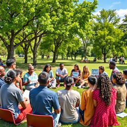 Visual representation of a peaceful community gathering aimed at conflict resolution, showcasing diverse individuals engaging in open dialogue