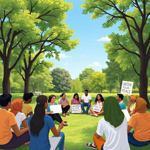 Visual representation of a peaceful community gathering aimed at conflict resolution, showcasing diverse individuals engaging in open dialogue