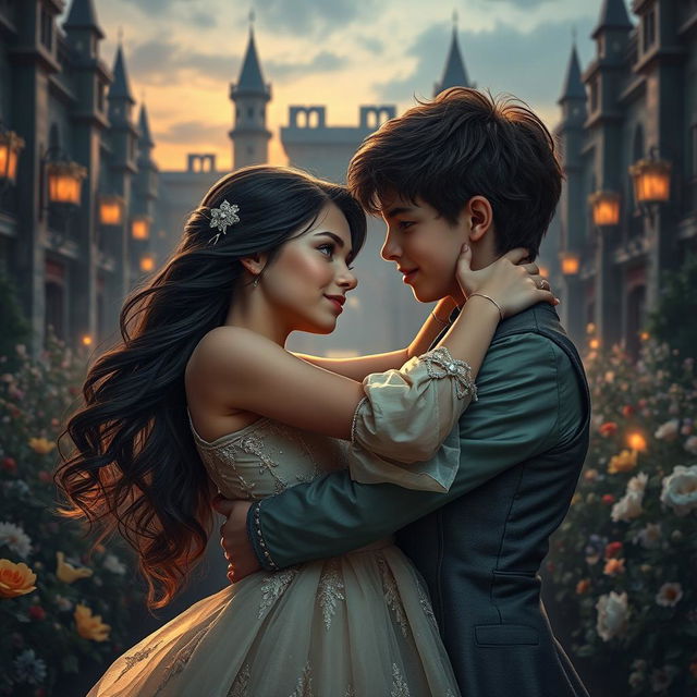 A dramatic and romantic scene titled 'Susurros de un Romance Maldito', featuring a girl and a boy in a passionate embrace, both appearing to be around 15 years old and of royal descent