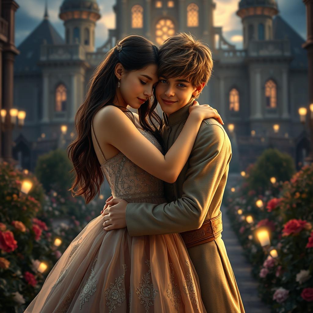 A dramatic and romantic scene titled 'Susurros de un Romance Maldito', featuring a girl and a boy in a passionate embrace, both appearing to be around 15 years old and of royal descent