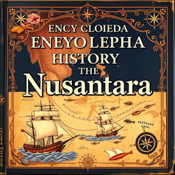 A vintage-themed encyclopedia cover on the maritime history of the Nusantara, showcasing an aged maritime map of Southeast Asia with detailed coastline features and ancient sea routes