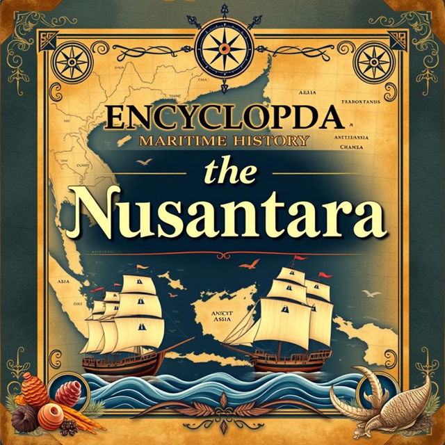 A vintage-themed encyclopedia cover on the maritime history of the Nusantara, showcasing an aged maritime map of Southeast Asia with detailed coastline features and ancient sea routes