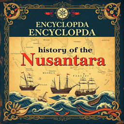 A vintage-themed encyclopedia cover on the maritime history of the Nusantara, showcasing an aged maritime map of Southeast Asia with detailed coastline features and ancient sea routes