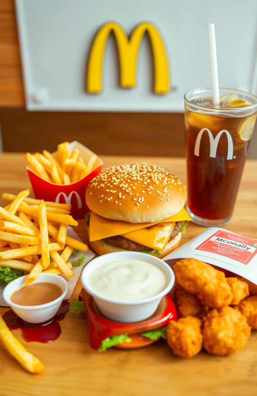 An appetizing flat lay photograph featuring a variety of classic McDonald's fast food items, including a Big Mac, golden french fries, chicken nuggets with dipping sauce, and a refreshing soft drink