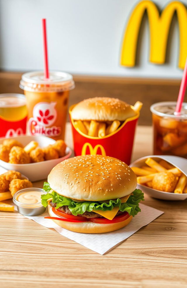 An appetizing flat lay photograph featuring a variety of classic McDonald's fast food items, including a Big Mac, golden french fries, chicken nuggets with dipping sauce, and a refreshing soft drink