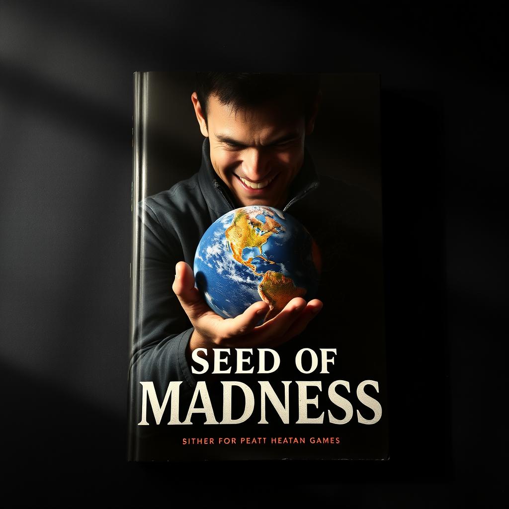 A captivating book cover set against a dark background, featuring a man with an evil grin hidden partially in shadow, creating an air of mystery