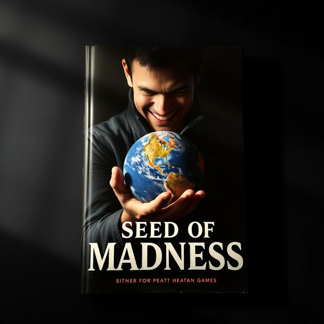 A captivating book cover set against a dark background, featuring a man with an evil grin hidden partially in shadow, creating an air of mystery