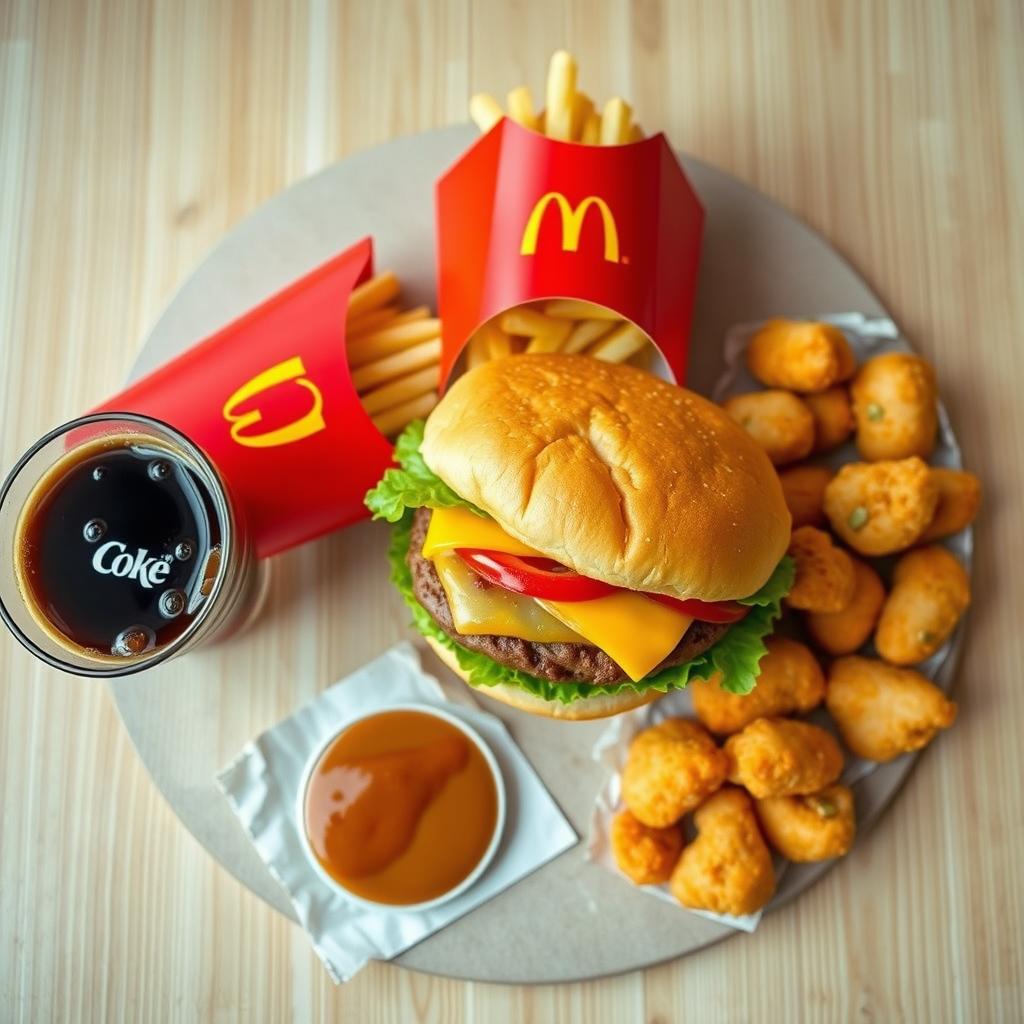 A mouth-watering overhead shot of an assortment of McDonald's food items, including a Big Mac with layers of lettuce, cheese, and special sauce, crispy french fries in a red carton, chicken nuggets with a side of barbecue sauce, and a refreshing Coke in a branded cup