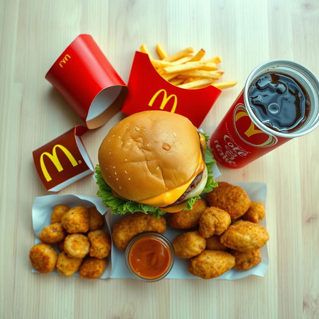 A mouth-watering overhead shot of an assortment of McDonald's food items, including a Big Mac with layers of lettuce, cheese, and special sauce, crispy french fries in a red carton, chicken nuggets with a side of barbecue sauce, and a refreshing Coke in a branded cup