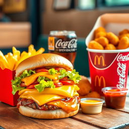 A vibrant and enticing display of McDonald's menu items, featuring a juicy Big Mac overflowing with lettuce, cheese, and special sauce, a side of crispy golden french fries in their signature red container, and a box of chicken McNuggets paired with sweet and spicy dipping sauces