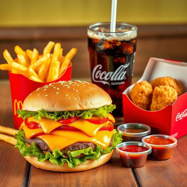 A vibrant and enticing display of McDonald's menu items, featuring a juicy Big Mac overflowing with lettuce, cheese, and special sauce, a side of crispy golden french fries in their signature red container, and a box of chicken McNuggets paired with sweet and spicy dipping sauces