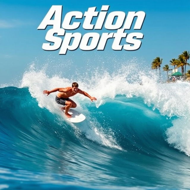 A dynamic action shot of a surfer riding a massive wave, showcasing the thrill and excitement of surfing