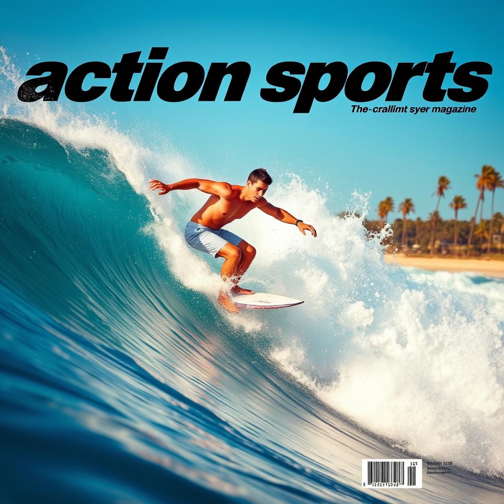 A dynamic action shot of a surfer riding a massive wave, showcasing the thrill and excitement of surfing