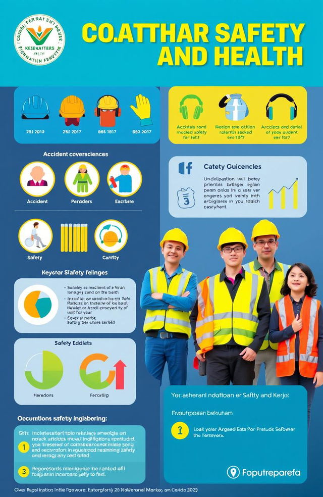 An engaging and informative infographic about Occupational Safety and Health (Kesehatan dan Keselamatan Kerja), featuring colorful icons representing safety gear like helmets, gloves, and earmuffs