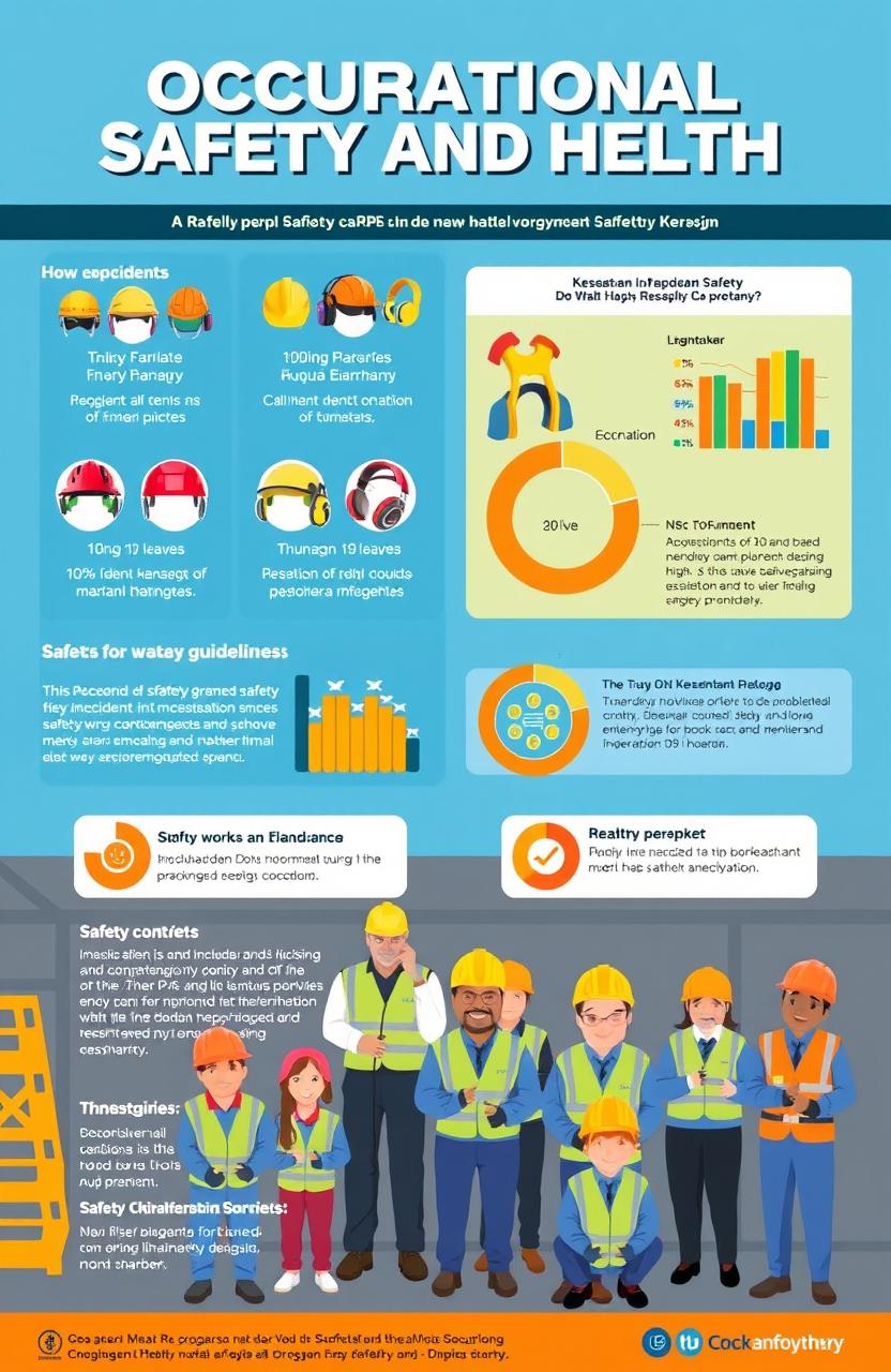 An engaging and informative infographic about Occupational Safety and Health (Kesehatan dan Keselamatan Kerja), featuring colorful icons representing safety gear like helmets, gloves, and earmuffs