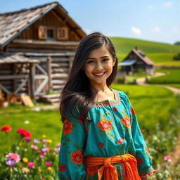 A beautiful village girl standing in a picturesque rural setting, wearing a traditional brightly colored dress adorned with floral patterns