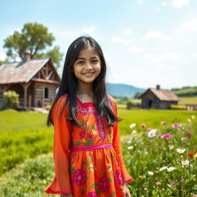 A beautiful village girl standing in a picturesque rural setting, wearing a traditional brightly colored dress adorned with floral patterns