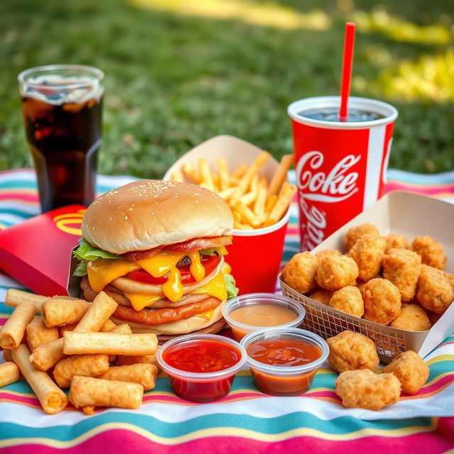 A delightful display of iconic McDonald's fast food, featuring a towering Big Mac with layers of lettuce, cheese, and their famous special sauce, alongside a generous serving of crispy golden french fries in a classic red carton