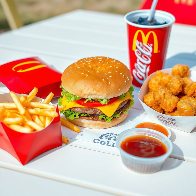 A delicious and visually appealing spread of McDonald's fast food, prominently featuring a beautifully constructed Big Mac topped with fresh lettuce, cheese, and their special sauce