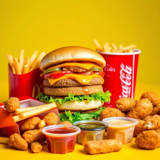 A visually appetizing arrangement of McDonald's food, prominently featuring a delicious Big Mac stacked with layers of lettuce, cheese, pickles, and their iconic special sauce