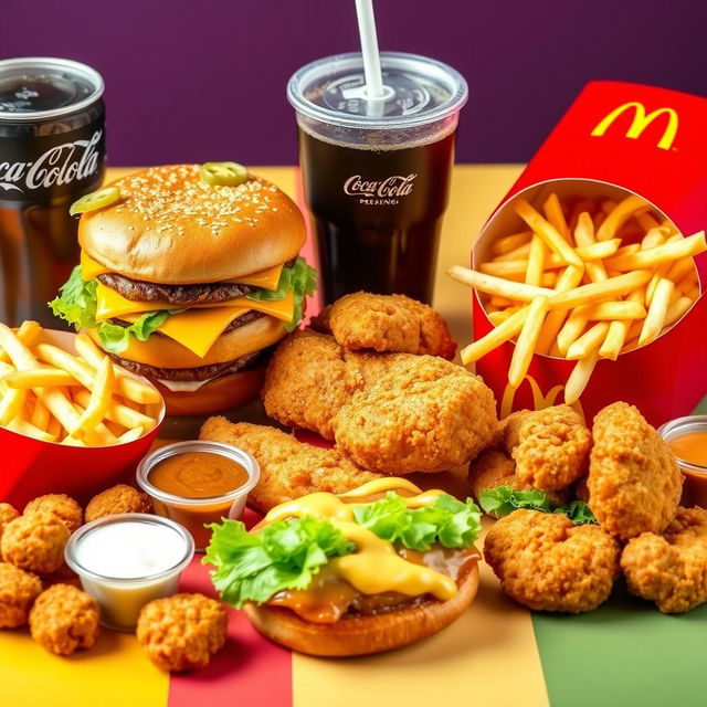 A mouthwatering arrangement of beloved McDonald's food items, showcasing a classic Big Mac stacked high with fresh lettuce, cheese, pickles, and special sauce