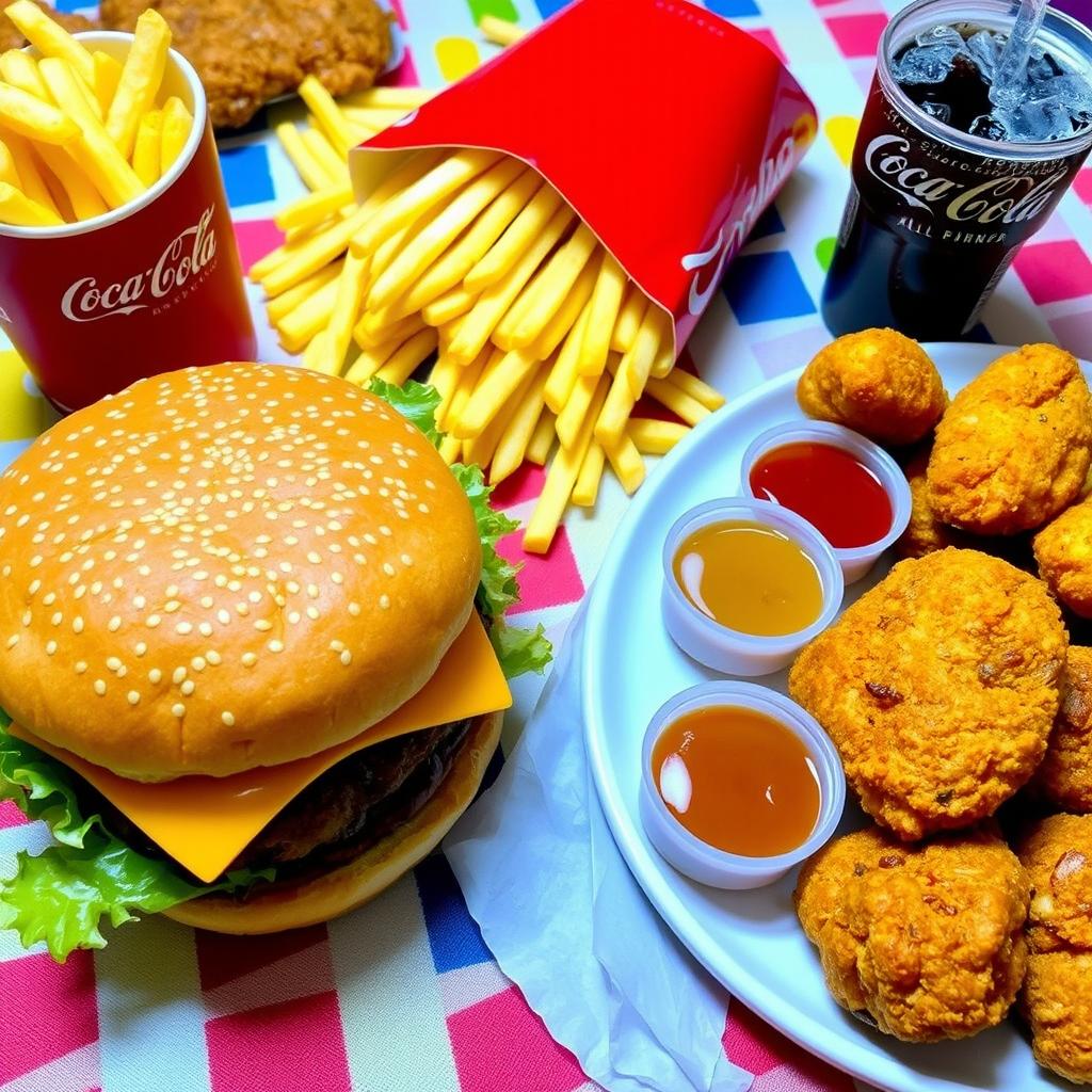 An enticing display of McDonald's food items, showcasing a classic Big Mac with layers of fresh lettuce, melted cheese, pickles, and their signature special sauce