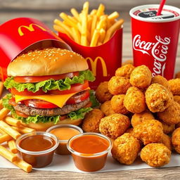 A delightful assortment of McDonald's food items, prominently featuring a juicy Big Mac with layers of fresh lettuce, cheese, tomatoes, pickles, and their famous special sauce