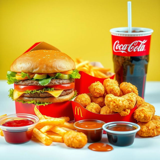 A delightful assortment of McDonald's food items, prominently featuring a juicy Big Mac with layers of fresh lettuce, cheese, tomatoes, pickles, and their famous special sauce