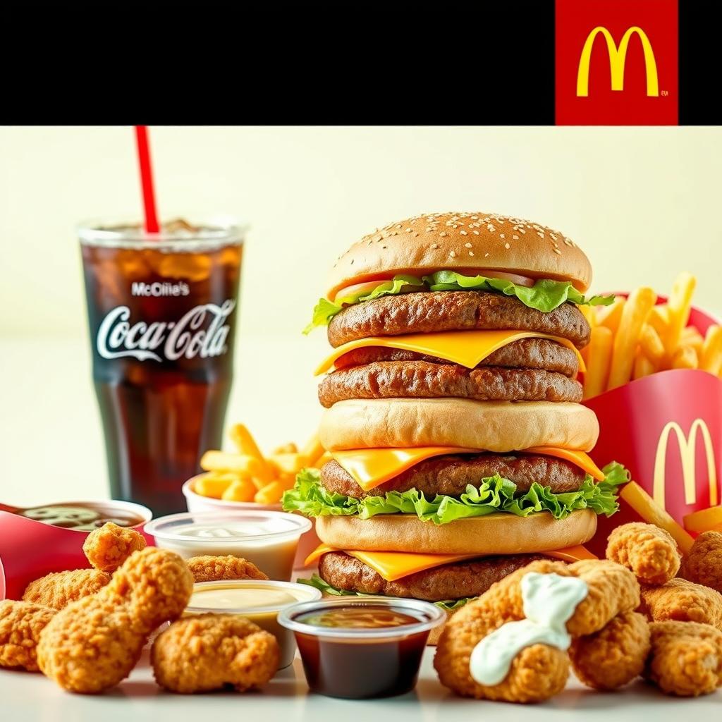 A tempting assortment of McDonald's food items, prominently displaying a towering Big Mac with its classic ingredients: two beef patties, fresh lettuce, sliced cheese, pickles, onions, and special sauce, all nestled within a sesame seed bun