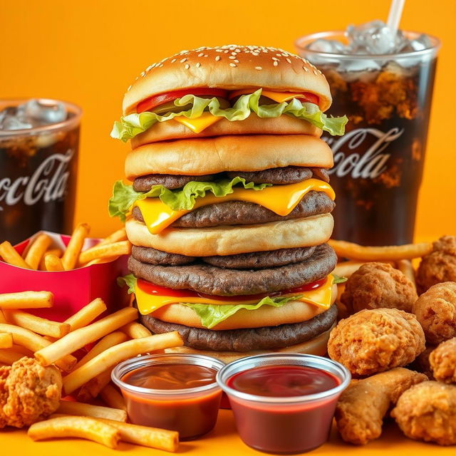 A mouthwatering selection of McDonald's food, primarily featuring a towering Big Mac with its signature layers of beef patties, crisp lettuce, cheddar cheese, special sauce, pickles, and onions, all held together by a sesame seed bun