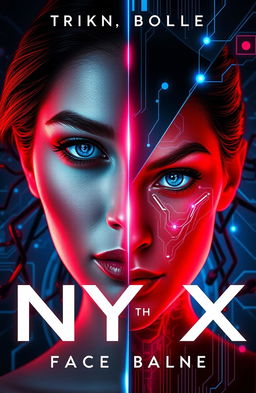 A striking book cover design split down the middle: one half showcasing a woman's beautifully rendered face, embodying human emotions and warmth, and the other half featuring Nyx's face, represented in a sleek, digital or holographic style that symbolizes artificial intelligence