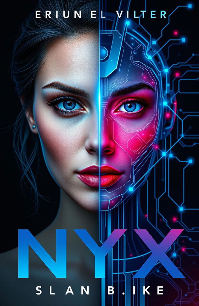 A striking book cover design split down the middle: one half showcasing a woman's beautifully rendered face, embodying human emotions and warmth, and the other half featuring Nyx's face, represented in a sleek, digital or holographic style that symbolizes artificial intelligence