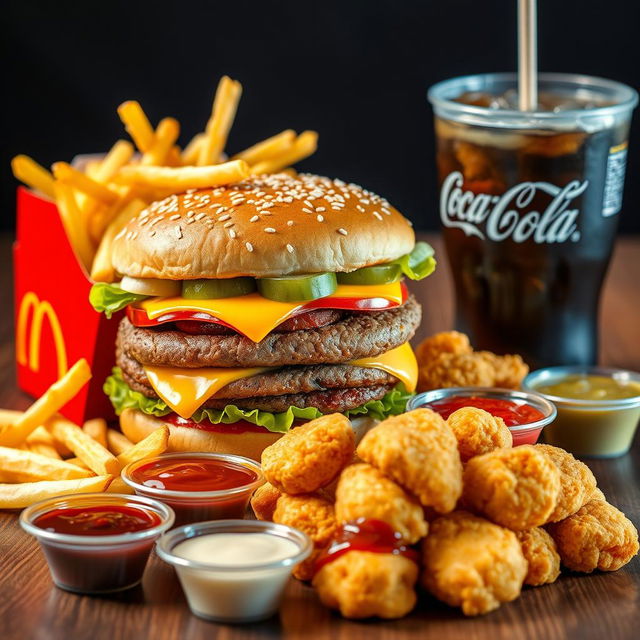 An appealing display of McDonald's food, showcasing a delightful Big Mac with its iconic layers of beef patties, lettuce, cheese, pickles, onions, and special sauce nestled in a sesame seed bun