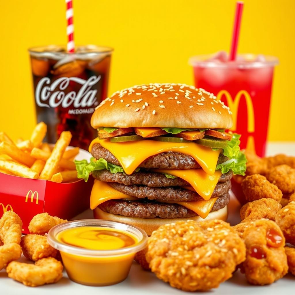 An enticing display of McDonald's food, featuring a rich Big Mac stacked with juicy beef patties, fresh lettuce, melty cheese, pickles, onions, and their special sauce, all enveloped in a sesame seed bun