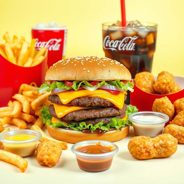 An enticing display of McDonald's food, featuring a rich Big Mac stacked with juicy beef patties, fresh lettuce, melty cheese, pickles, onions, and their special sauce, all enveloped in a sesame seed bun