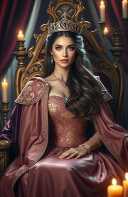 A majestic portrait of a queen in an opulent setting, adorned in a stunning royal gown featuring intricate gold embroidery and a flowing cape