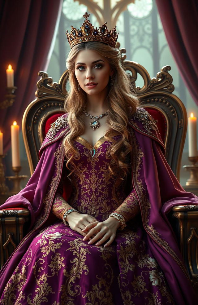 A majestic portrait of a queen in an opulent setting, adorned in a stunning royal gown featuring intricate gold embroidery and a flowing cape