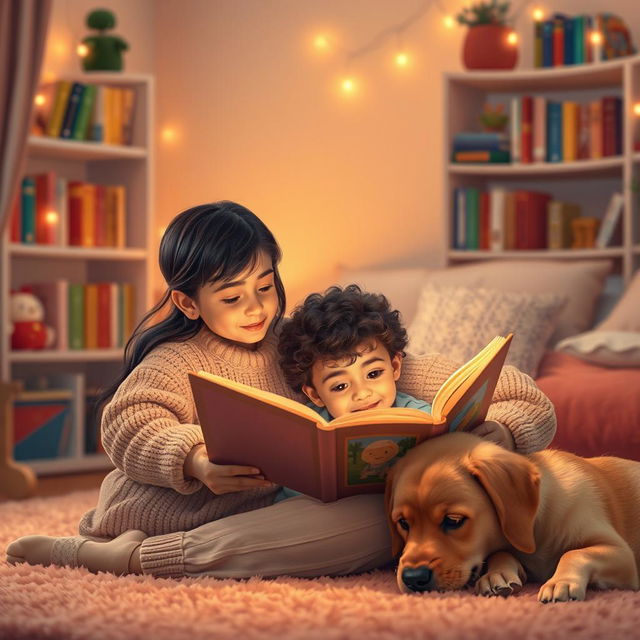 A warm and loving scene of a mother reading a bedtime story to her child in a cozy, softly-lit room