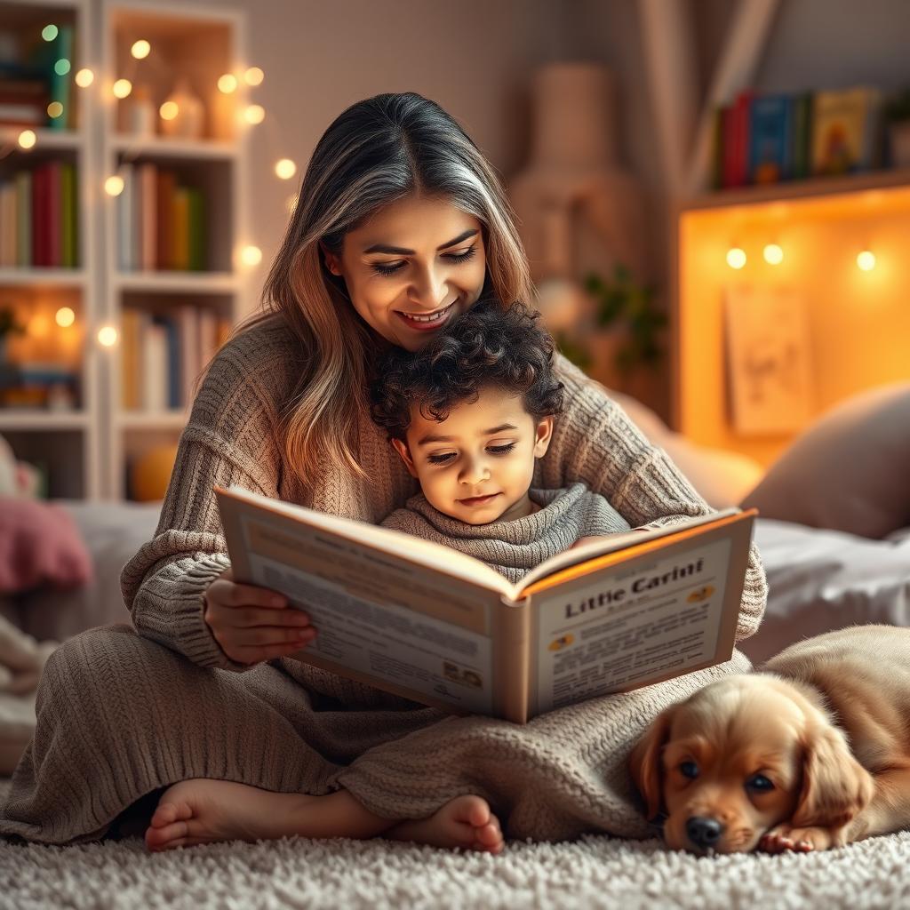 A warm and loving scene of a mother reading a bedtime story to her child in a cozy, softly-lit room