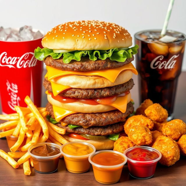 A delightful display of McDonald's food that includes a towering Big Mac with its two juicy beef patties, crisp lettuce, melted cheese, tangy pickles, crunchy onions, and the signature special sauce sandwiched between a sesame seed bun