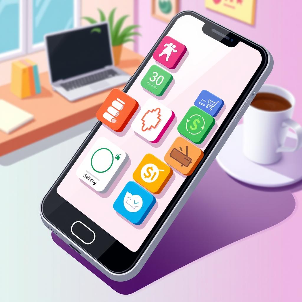 An illustration depicting a smartphone with various money-making apps displayed on the screen, featuring colorful icons representing apps for freelance work, surveys, and selling goods