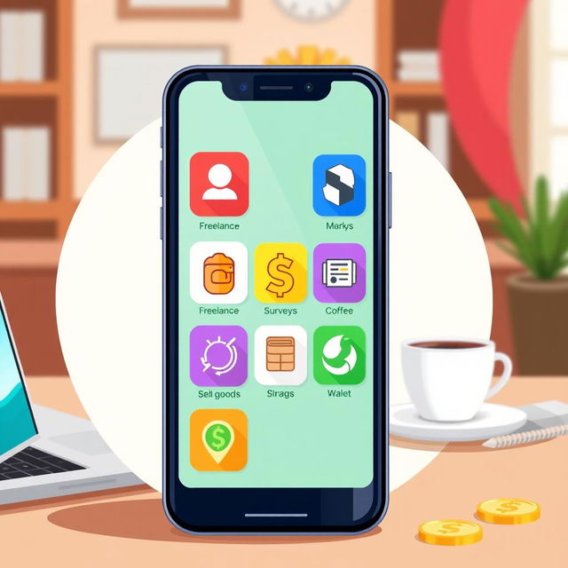 An illustration depicting a smartphone with various money-making apps displayed on the screen, featuring colorful icons representing apps for freelance work, surveys, and selling goods