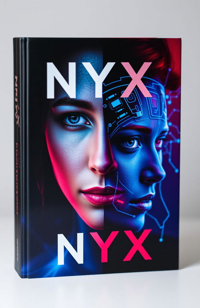 A striking book cover design featuring a woman's face on one half, and Nyx's face represented in a digital or holographic style on the other half