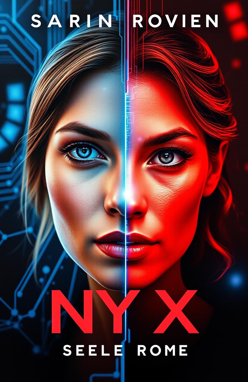 A striking book cover design featuring a woman's face on one half, and Nyx's face represented in a digital or holographic style on the other half