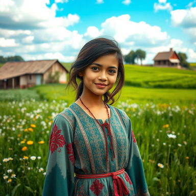 A stunning village girl with striking beauty, standing gracefully in a serene countryside setting